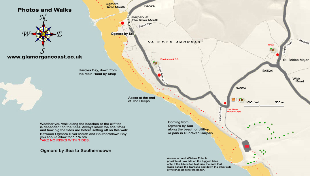 Walk and Map for Ogmore by Sea to Southerndown Bay, Dunraven Bay. Glamorgan Coast Wales UK