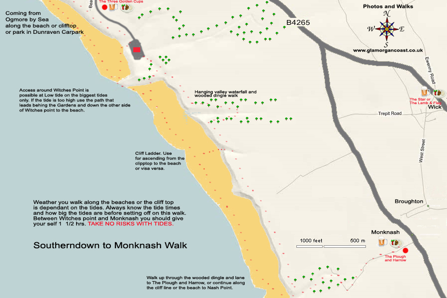 Walk and Map for Southerndown Bay, Dunraven Bay to Monknash Beach Glamorgancoast, Wales UK